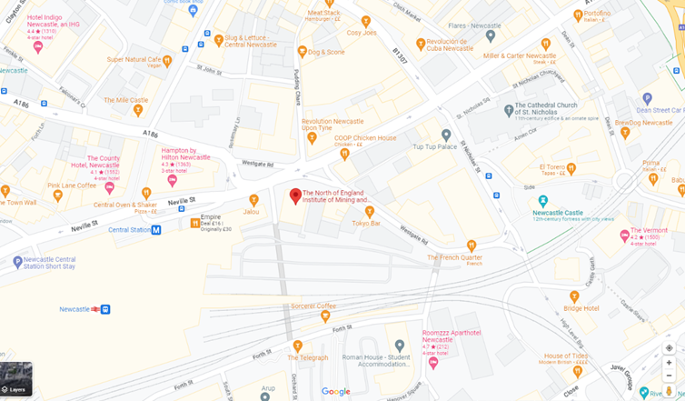 Screenshot from Google Maps showing a map of Newcastle upon Tyne with a red dot showing the location of The Mining Institute.
