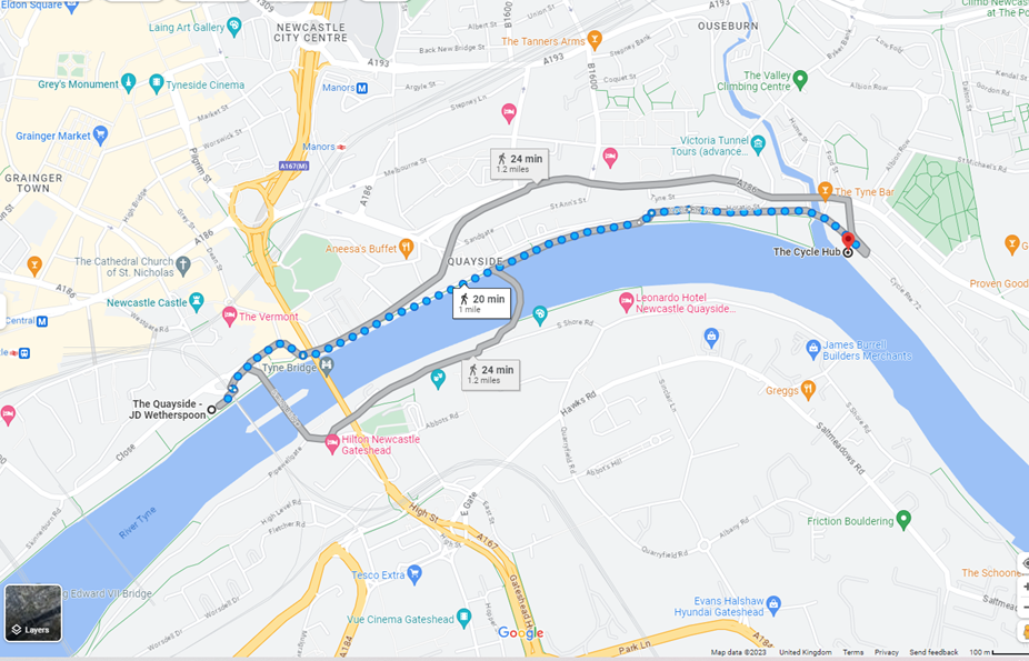 Screenshot from Google Maps with a blue dotted line leading from Wetherspoons (the meeting point of the walk) to a red pin at the Cycle Hub to show the end point of the walk. 
