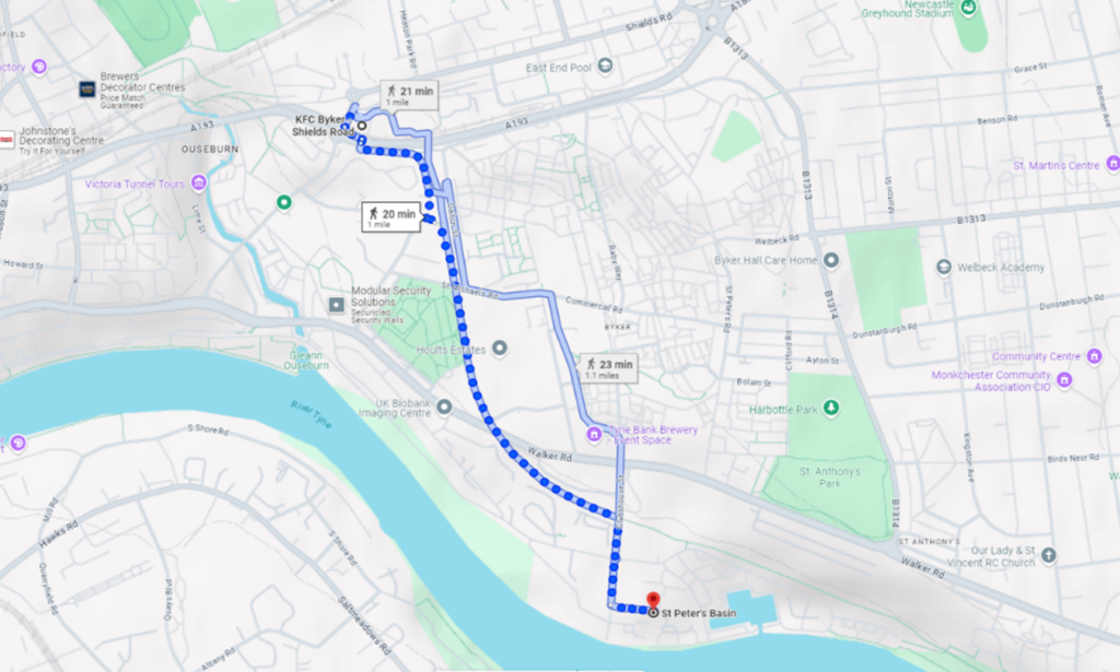 A map with a blue line which shows the route of the walk. 