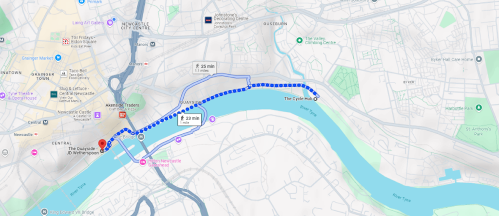 A map depicting the start, the route of the walk and the end location.  