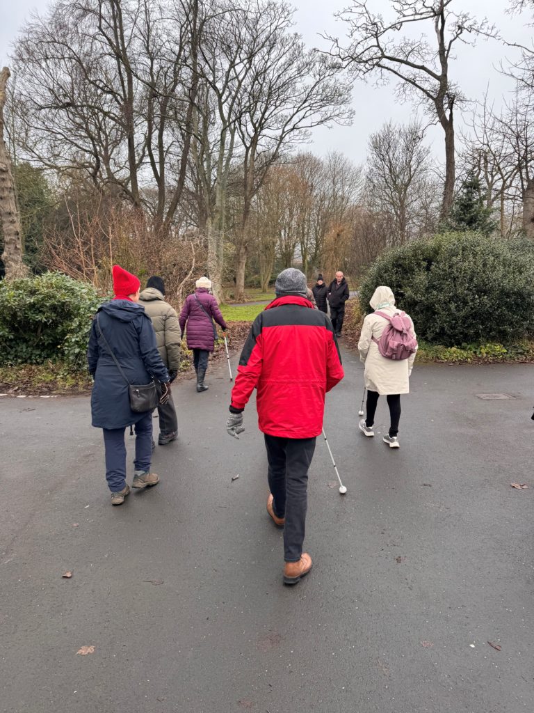 Image of 5 people walking in a park. They are on a black path heading towards a crossroads between 2 green bushes.