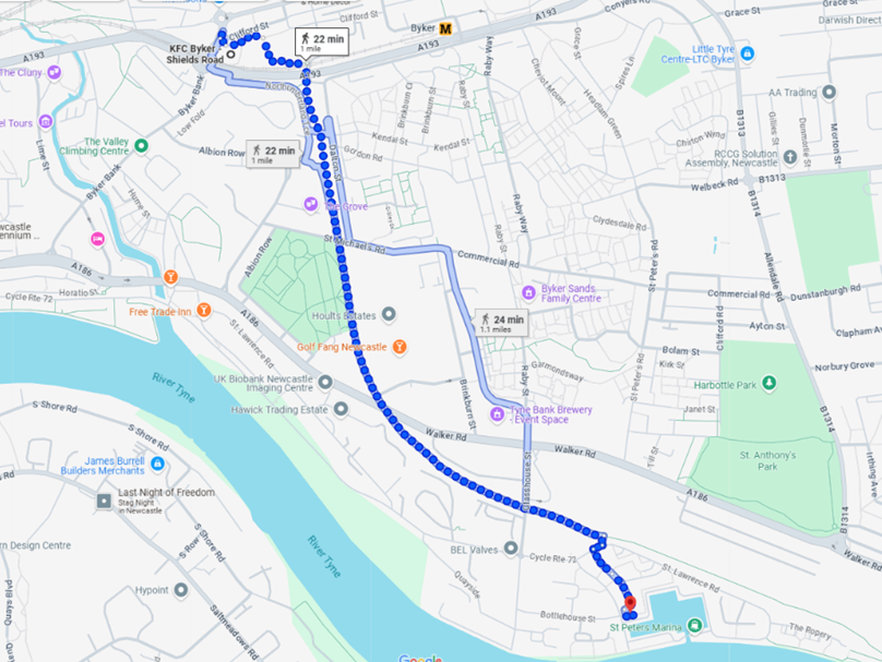 Map with a blue line which shows the route of the walk. At the end of the blue line there is a red dot. This symbolises the end point of the walk.